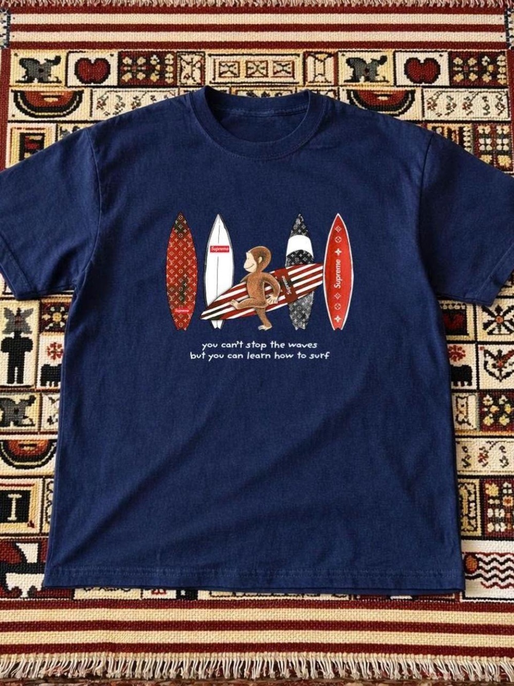 Supreme Navy Surfboard Graphic Tee with Monkey Motif